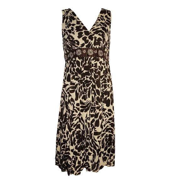 JESSICA HOWARD Brown Floral Hawaiian Chiffon Sleeveless Beaded Dress Womens 10 - Picture 1 of 8